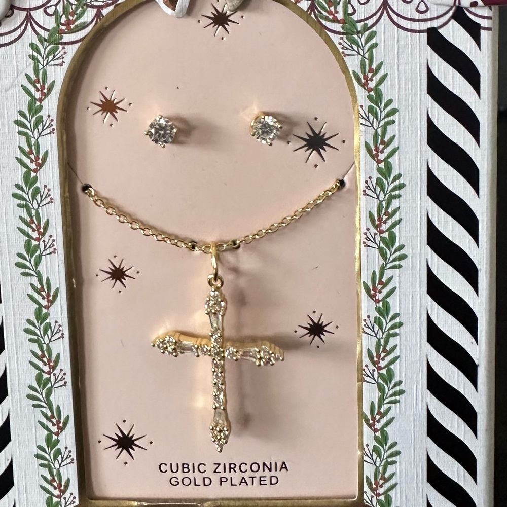 🆕Gold Plated Cross Necklace & Earrings Set